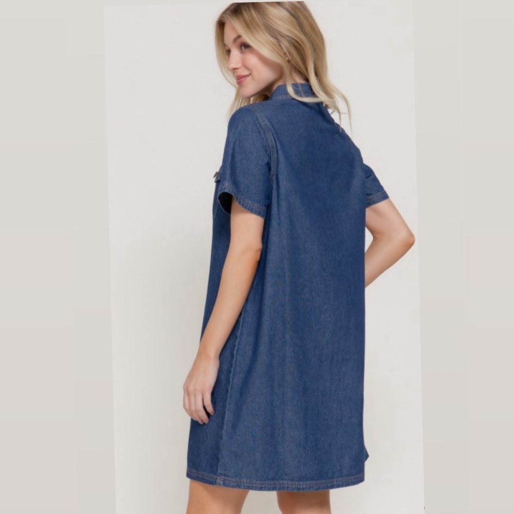 Short Slv Mini Denim Shirt Dress - Picture 2 of 2